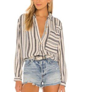 We The Free Free People Summer Breeze Stripe Button Down Top Ivory Blue Small